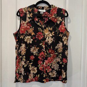 Vintage Black and Red Sleeveless Floral Blouse with Collar Size L